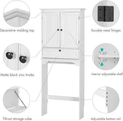 Over The Toilet Storage Cabinet, Bathroom Above Toilet Storage Cabinet with Doors and Adjustable Shelves, White - Loft&Timber