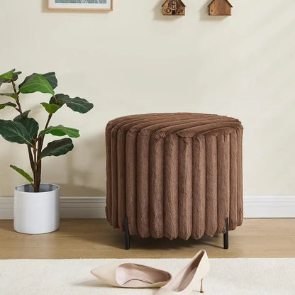 22.05" Wide Upholstered Round Pouf Ottoman with Black Metal Legs in Brown