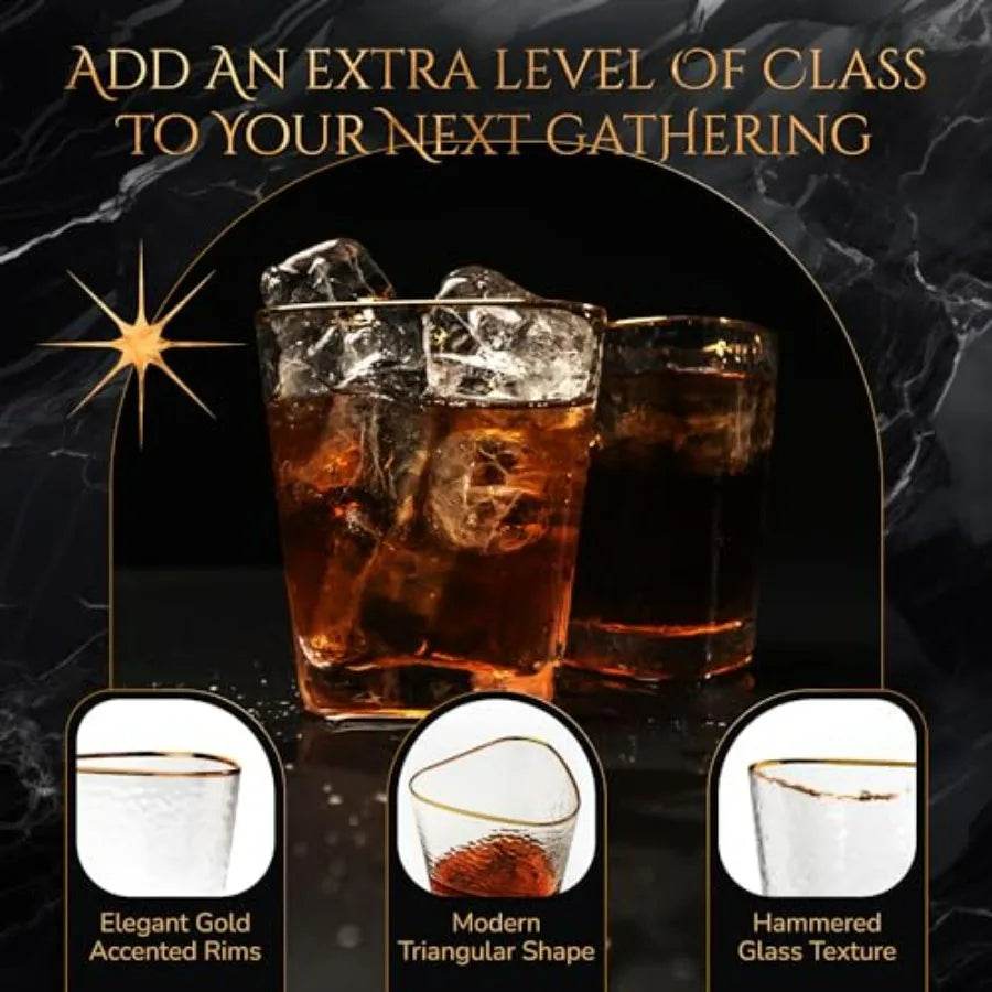 Stylish Whiskey Glasses Set of 4 10 oz Gold Rimmed Hammered Lowball Glasses - Loft&Timber