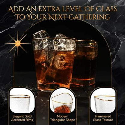 Stylish Whiskey Glasses Set of 4 10 oz Gold Rimmed Hammered Lowball Glasses - Loft&Timber