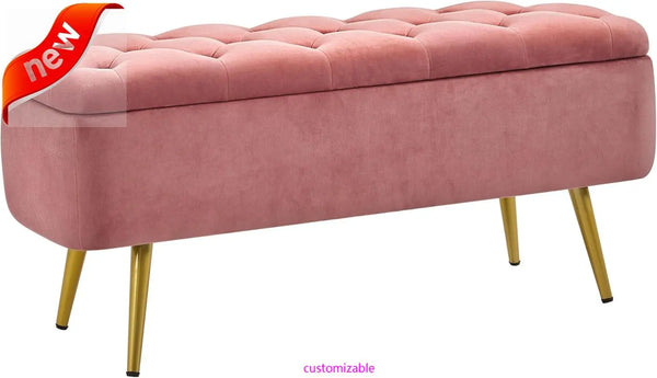 Ottoman with Storage, Velvet Entryway Bench, Upholstered Bench with Seating for Living Room, Holds up to 519 lb, Pink
