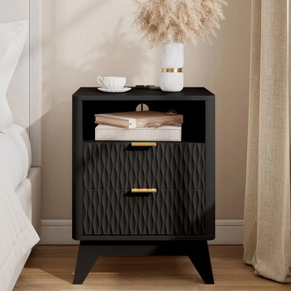18" Fluted Nightstand - Modern Bedside Table with Charging Station & Storage Drawers