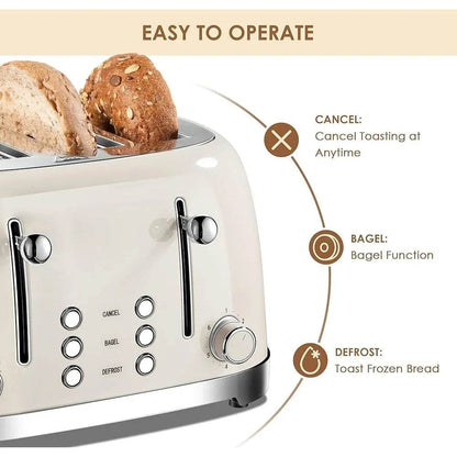 4 Slice Toaster Stainless Steel Retro Design Bagel Defrost Cancel Function 6 Settings Extra Wide Slot Removable Crumb