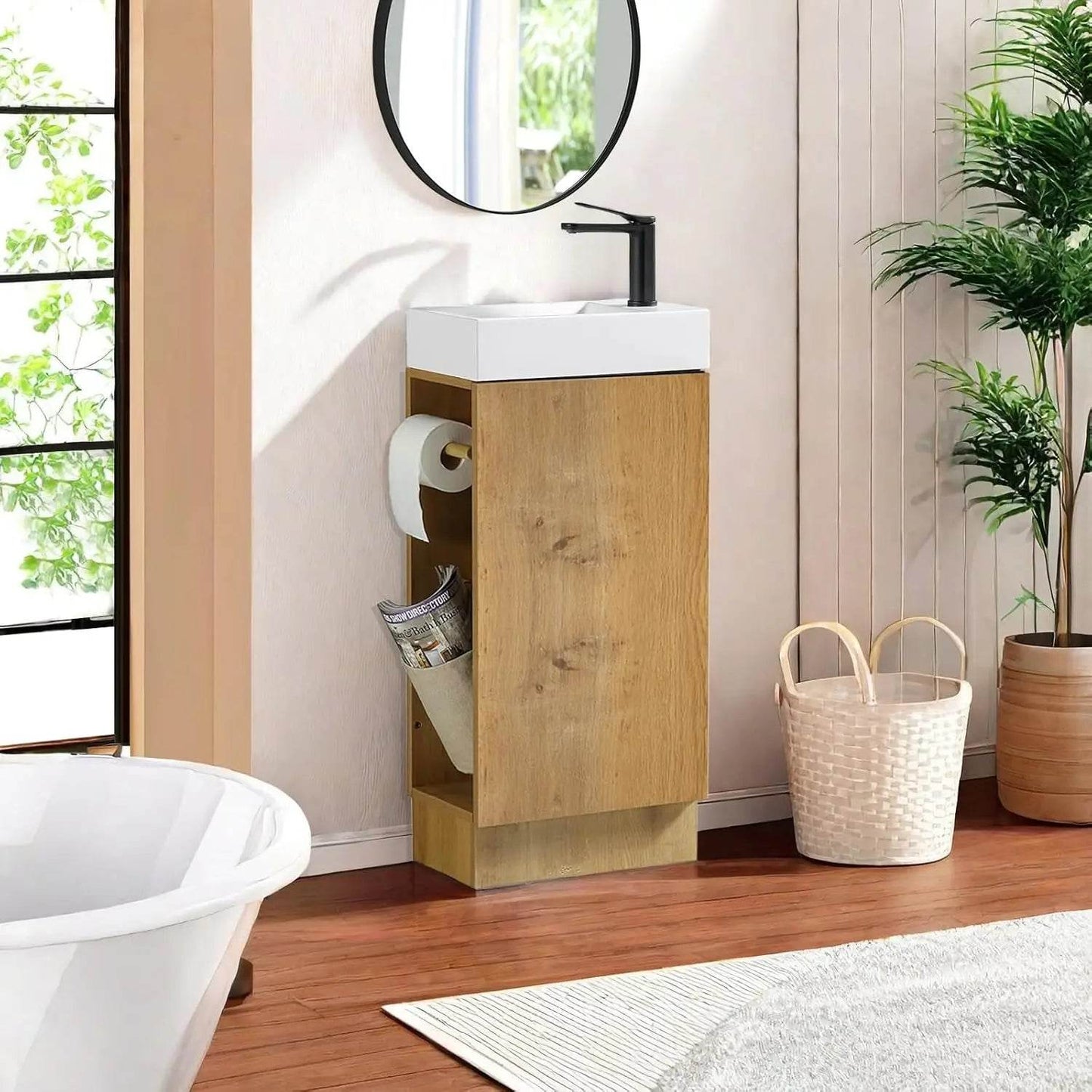 Modern floor standing small bathroom vanity, bathroom cabinet set with 2 toilet paper holders