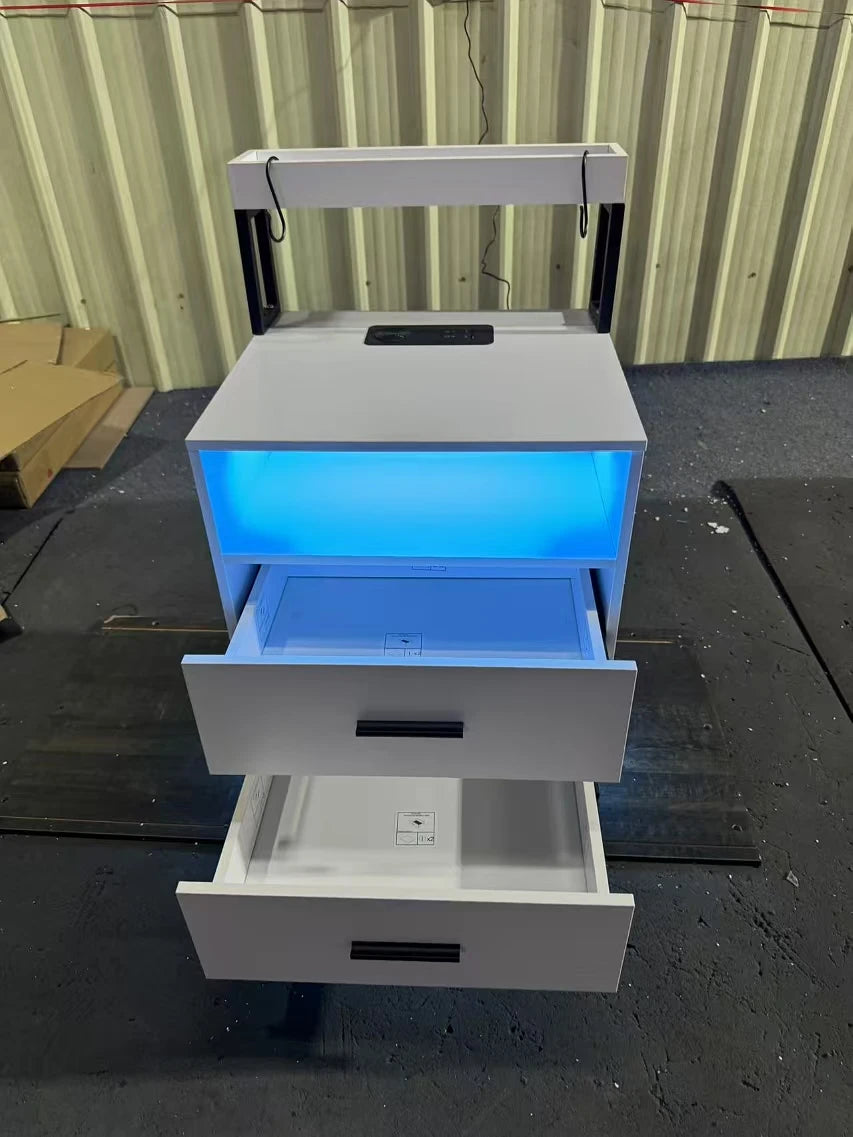 JDPAG  Auto LED Nightstand with Wireless Charging Station & USB Ports,High Gloss Bedside Tables with 2 Drawers