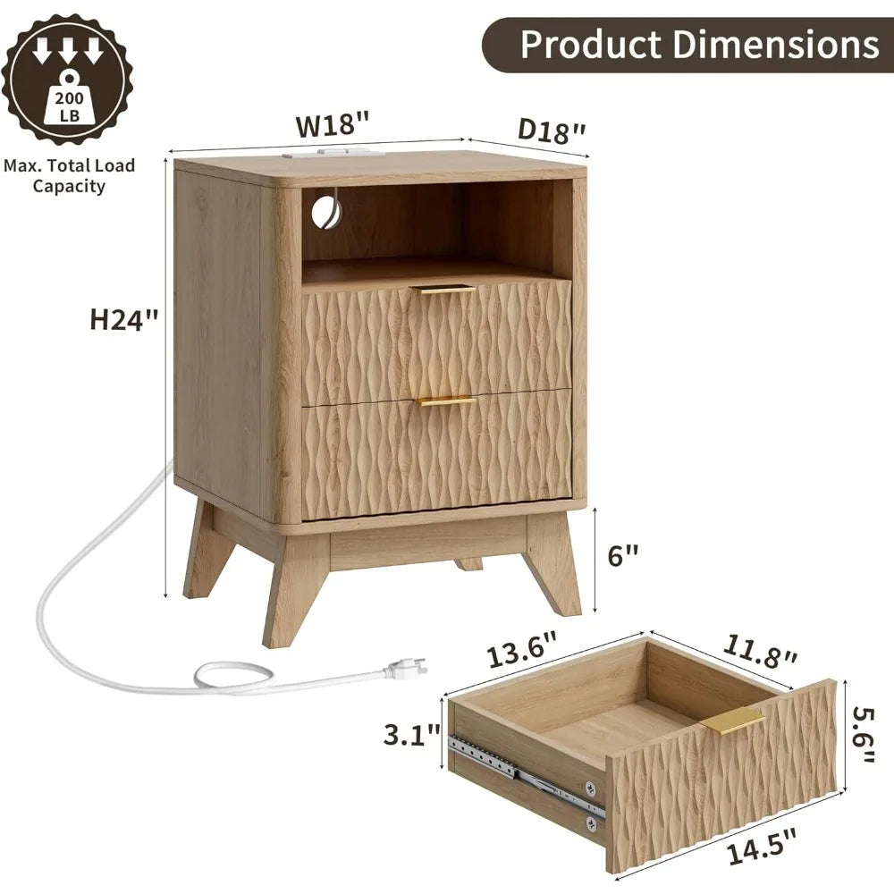 18" Fluted Nightstand - Modern Bedside Table with Charging Station & Storage Drawers