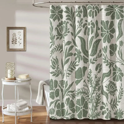 Vintage Floral Linen Shower Curtain Set in Beige and Green