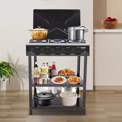 5-Burner Gas Stove Outdoor Camping Cooking BBQ Grill With 2-Tier Storage Rack