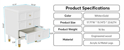Tribesigns 3-Drawer Nightstand Tall White and Gold Bedside Table with Drawers, Versatile Modern White Night Stand with Storage