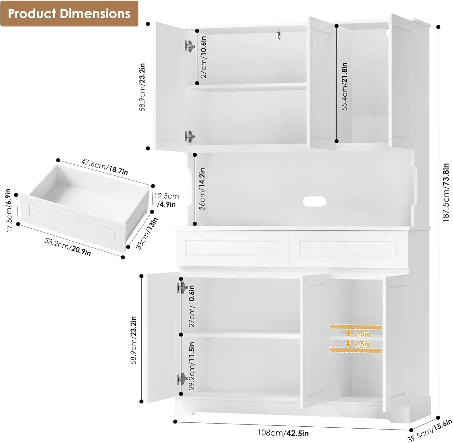 74" Pantry Cabinet, Tall Pantry with 6 Doors and 2 Drawers - Loft&Timber