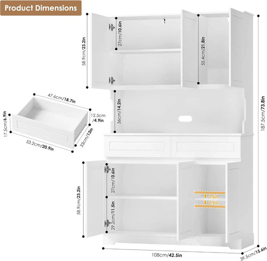 74" Pantry Cabinet, Tall Pantry with 6 Doors and 2 Drawers - Loft&Timber