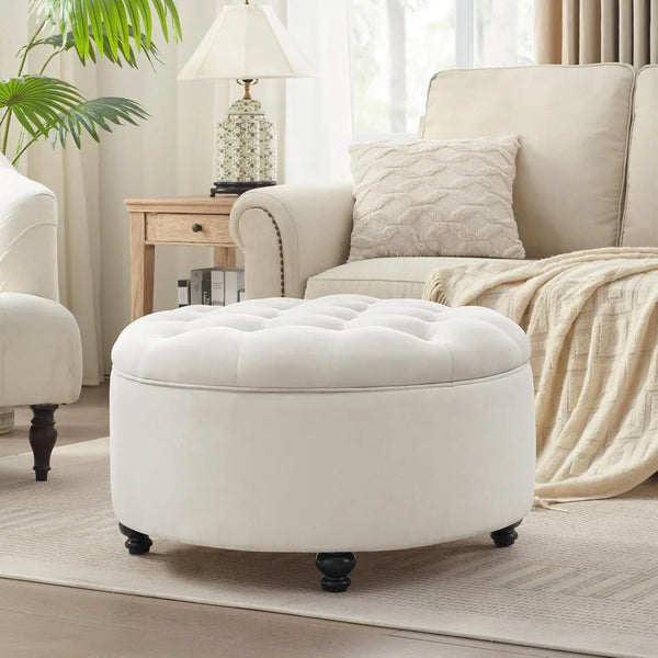 30-Inch Round Storage Ottoman, Modern Button Tufted Coffee Table with Removable Top, Upholstered Ottoman with Storage Footrest
