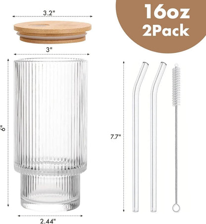 Glass Cups with Bamboo Lids and Straws - 16 oz Iced Coffee Cups - Loft&Timber