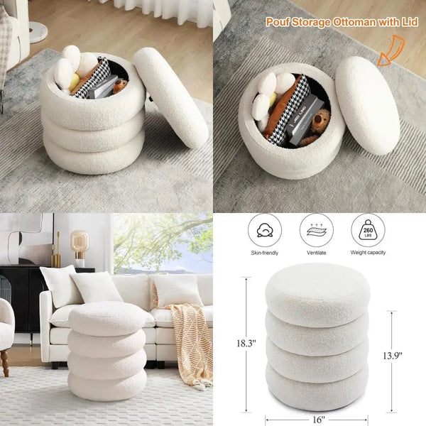 Cream White Tufted Storage Ottoman with Removable Lid, Plush Sherpa Pouf, Foot Rest Stool