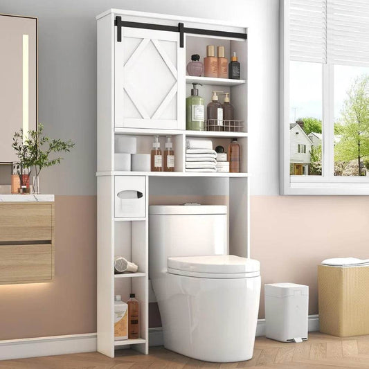 farmhouse style toilet storage cabinet with sliding barn door and integrated toilet paper stand organizer - Loft&Timber