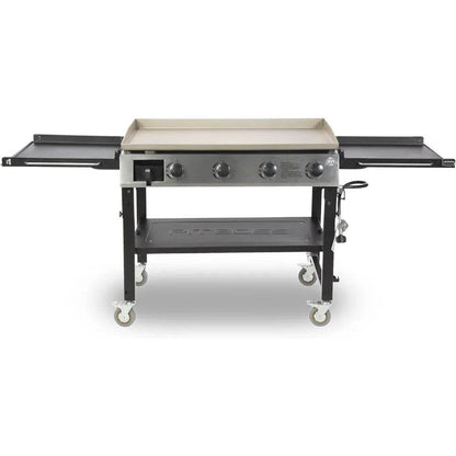 Four Burner Liquid Propane Gas Grill with Foldable Side Shelves, 36-Inch Flat Top Griddle, Fitted Cover, Deluxe Black - Loft&Timber