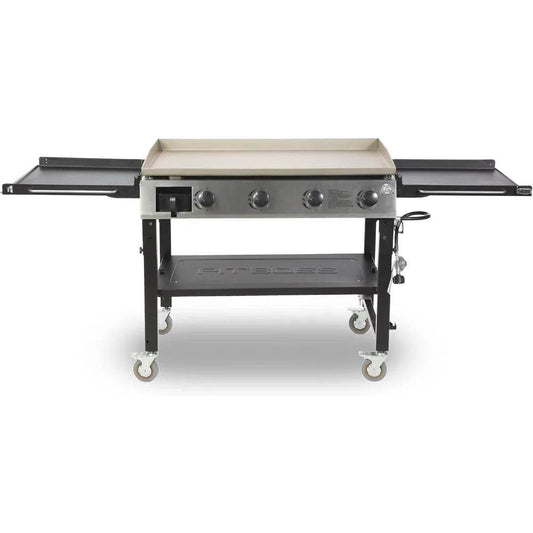 Four Burner Liquid Propane Gas Grill with Foldable Side Shelves, 36-Inch Flat Top Griddle, Fitted Cover, Deluxe Black - Loft&Timber