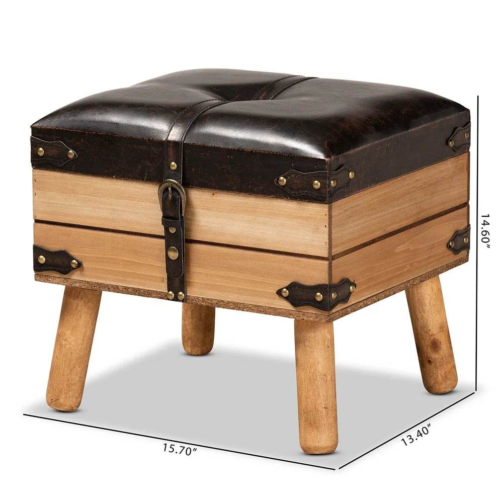 Rustic PU Leather Storage Ottoman Lift Top Brown Oak Wood