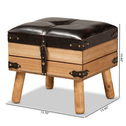 Rustic PU Leather Storage Ottoman Lift Top Brown Oak Wood
