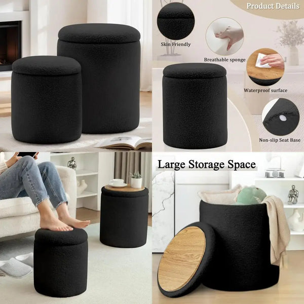 Storage Ottoman Set of 2, Small Vanity Chair, Sherpa Footrest for Compact Living Spaces