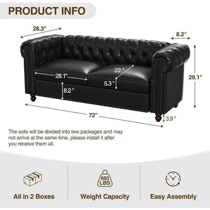 72 Inch Black Sofa, Chesterfield Faux Leather Couch with Wooden Legs - Loft&Timber