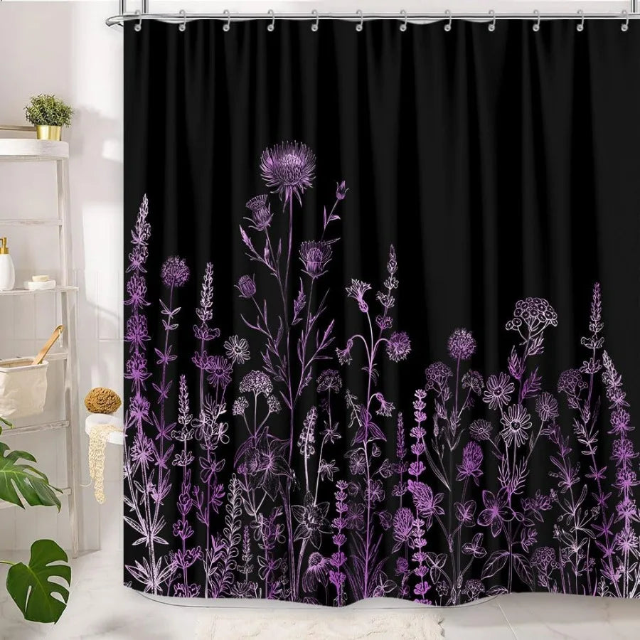 Vintage Black and Purple Boho Shower Curtain with Dark Wildflower Botanical Flowers 72X72"