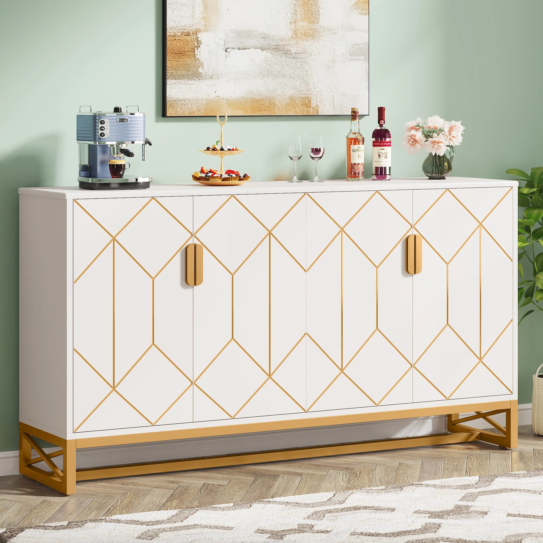 Tribesigns 59" White Gold Buffet Cabinet with Storage - Loft&Timber
