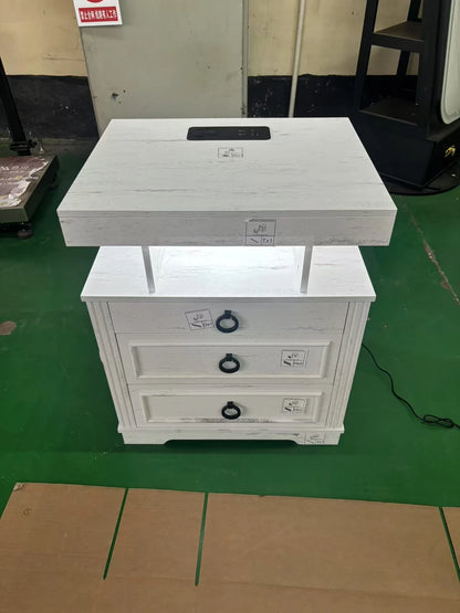 JDPAG Farmhouse Nightstand with Lockable Gun Drawer,3 Color Dimmable LED End Table with Charging Station,Bedside Table with Huma