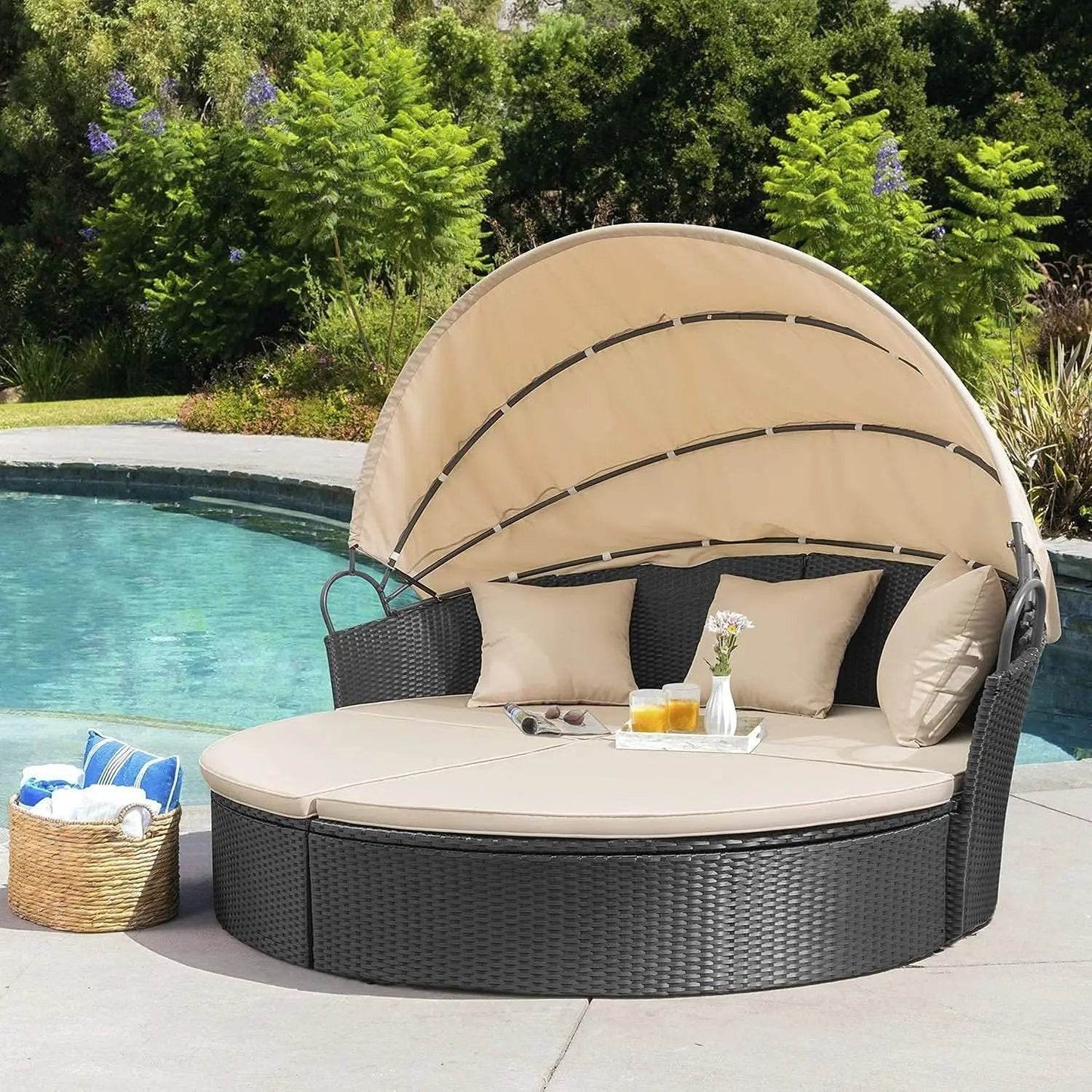 Patio Outdoor Daybed with Retractable Canopy Rattan Wicker Seating - Loft&Timber