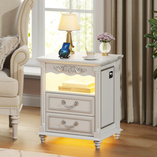 JDPAG Farmhouse Nightstand with Gun Drawer, 20" Vintage Bedside Table with LED Lights & Charging Station