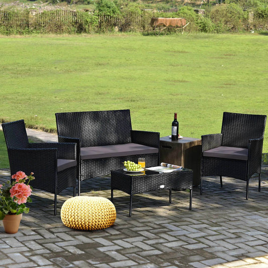 4PCS Patio Rattan Furniture Set Cushioned Sofa Coffee Table Backyard Grey - Loft&Timber
