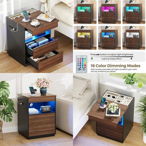 "modern lockable nightstand with hidden compartment, usb/type-c charging port, and led lighting"