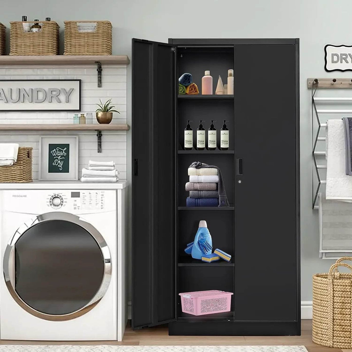 Garage Storage Cabinet with 2 Lockable Doors, 5 Adjustable Shelves - Loft&Timber