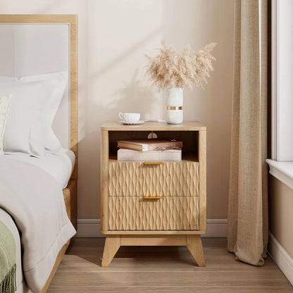 18" Fluted Nightstand - Modern Bedside Table with Charging Station & Storage Drawers