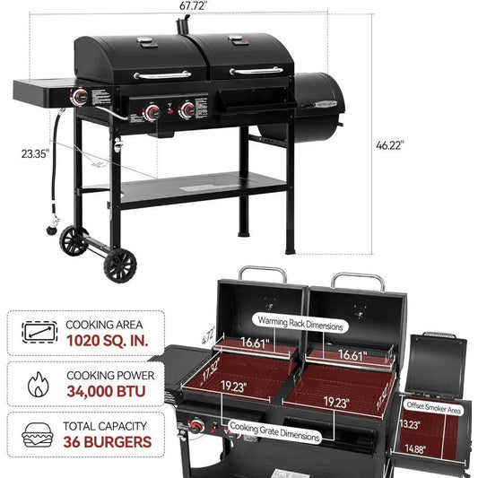 2-Burner Gas and Charcoal Combo Grill with Offset Smoker & Side Burner, 34,000 BTU Dual Fuel Grill, 1020 Sq. In. Cooking Area, I - Loft&Timber