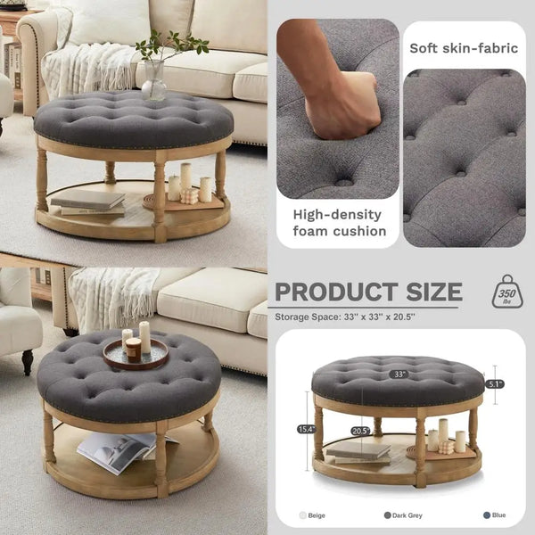 Large Round Storage Ottoman with Upholstered Button Tufted Linen Top and Wooden Shelf