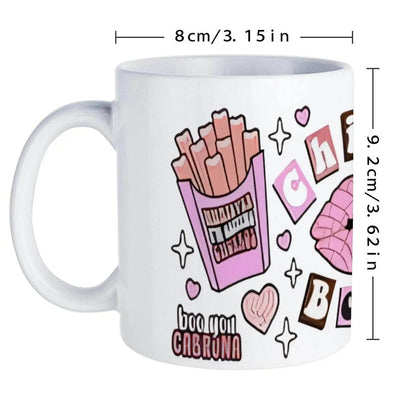 A Sticker With A Cup Of Coffee, French Fries And A Kiss On It Ceramic Mug, 330ml Coffee Cup - Loft&Timber