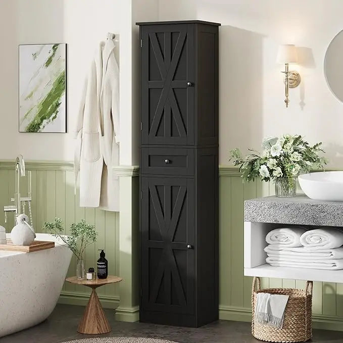 67" h tall bathroom cabinet, narrow storage cabinet with 2 barn doors and 1 drawer, freestanding floor cabinets with 6 shelves