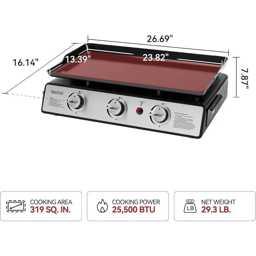 Portable 24-Inch 3-Burner Gas Grill with Griddle and Cover, 25,500 BTUs - Loft&Timber