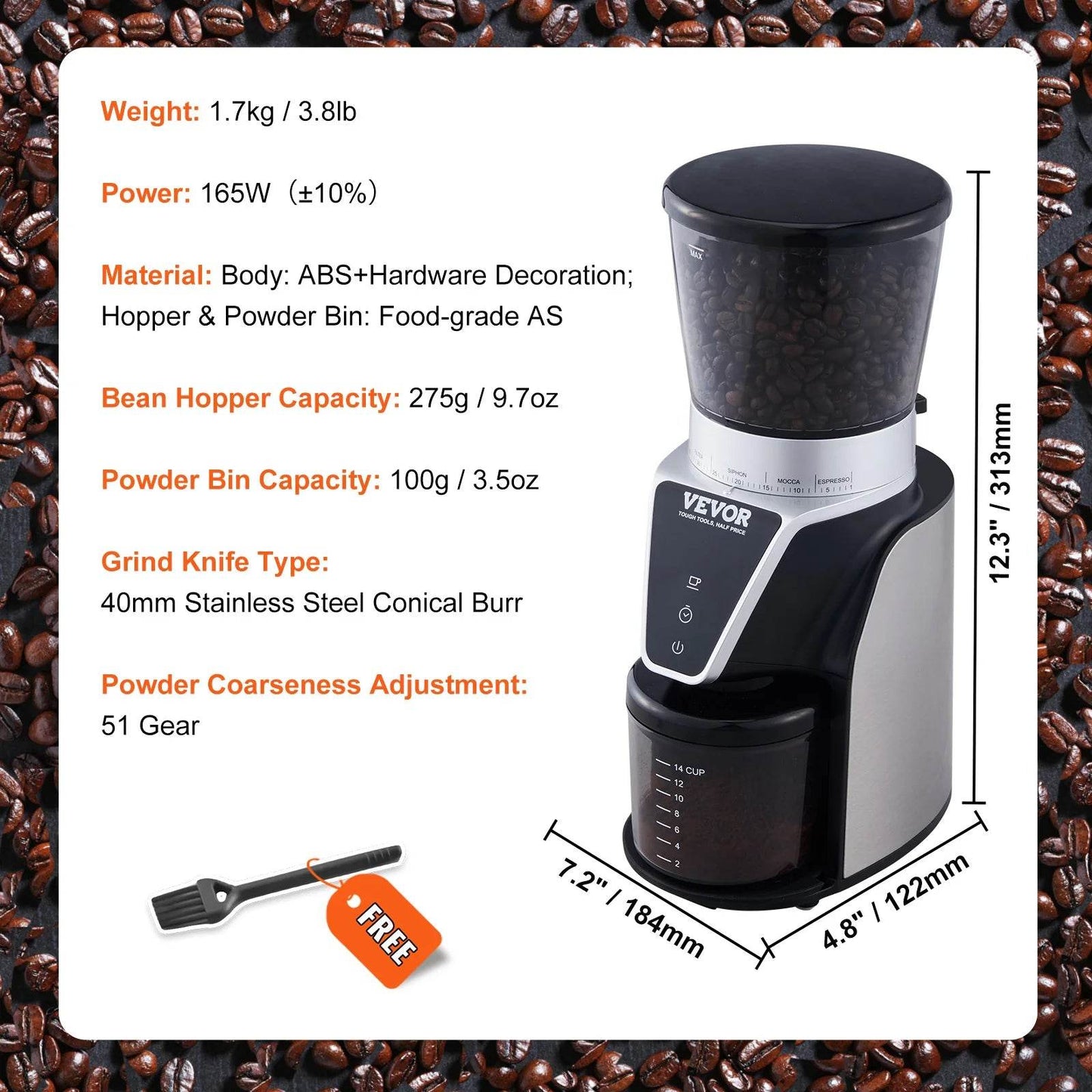 VEVOR 40MM Conical Burr Coffe Bean Electric Grinder - Loft&Timber