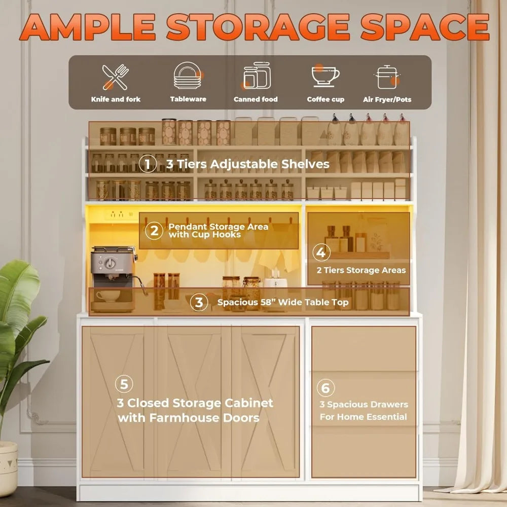 Buffet Sideboard Cabinet w/Power Outlets & LED Light; 58" W x63 H - Loft&Timber