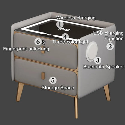 Modern Bluetooth Nightstand with LED Light, 2 Drawers, and Fingerprint Lock