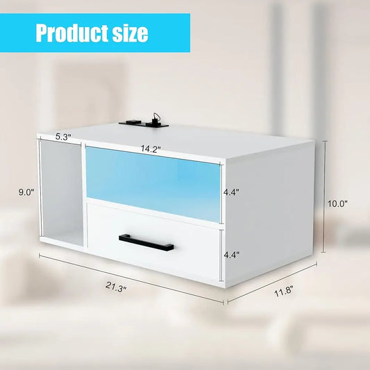 Floating Nightstand With Charging Station And Led Light Strips, 21.3"