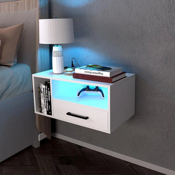 Floating Nightstand With Charging Station And Led Light Strips, 21.3"" Night Stand With Drawers, Floating Bedside With Usb