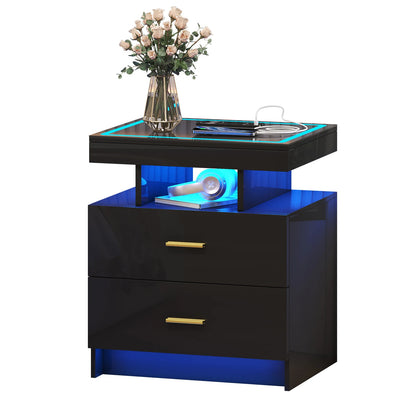 JDPAG LED Nightstand with Wireless Charging Station,Black Night Stand with 2 Drawers,Glass Top Smart Bedside Table