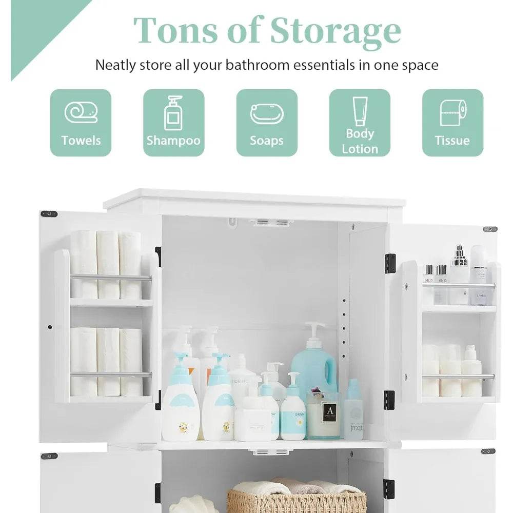 Elegant Bathroom Floor Storage Cabinet, Bathroom Storage Unit, Freestanding Cabinet with 4 Doors (White) - Loft&Timber