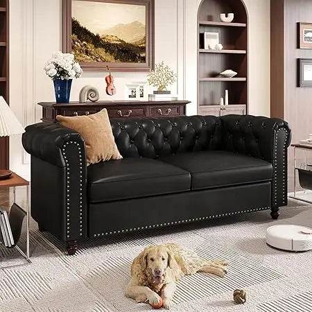 72 Inch Black Sofa, Chesterfield Faux Leather Couch with Wooden Legs - Loft&Timber