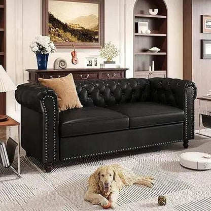 72 Inch Black Sofa, Chesterfield Faux Leather Couch with Wooden Legs - Loft&Timber