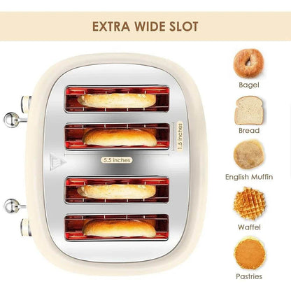 4 Slice Toaster Stainless Steel Retro Design Bagel Defrost Cancel Function 6 Settings Extra Wide Slot Removable Crumb