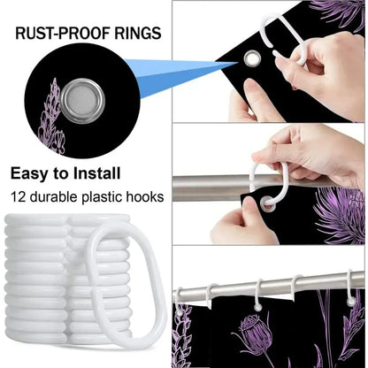 Vintage Black and Purple Boho Shower Curtain with Dark Wildflower Botanical Flowers 72X72"